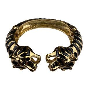 Asa Tiger Head Black Gold Tone Enamel Bracelet Hinged Bangle Wristwear